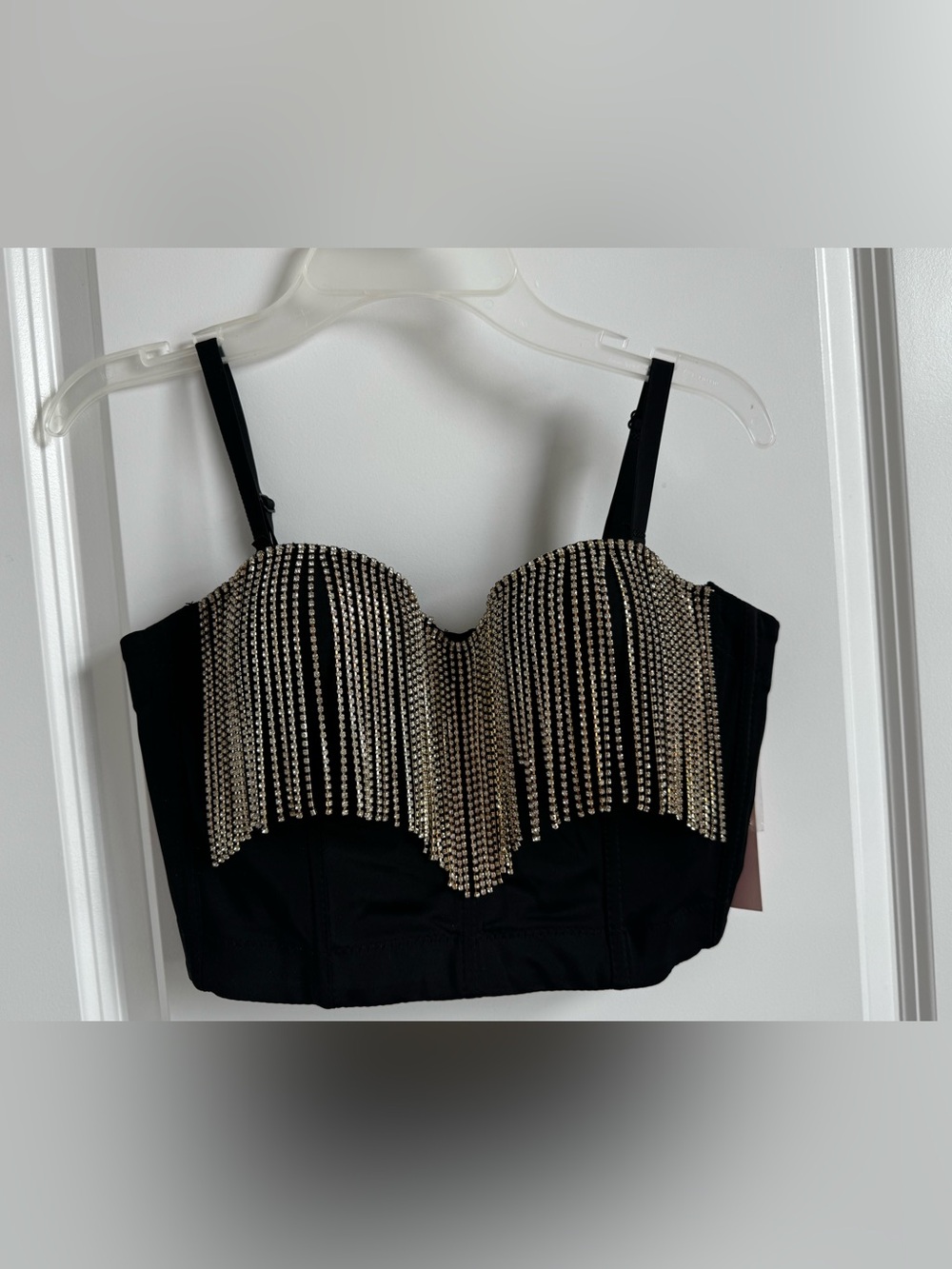 Lydia USA Rhinestone Fringe Corset Bustier Crop Top Black NWT Size S